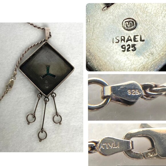 Sterling Silver 925 Israel 4" Modernist Style Eilat Stone Pendant Necklace 24" - Picture 8 of 16
